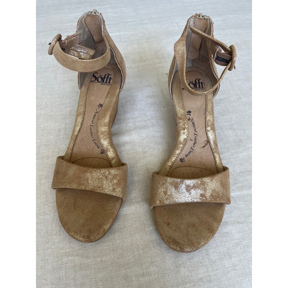 Sofft Gold Metallic Suede Wedge Sandals Ankle Strap SF0005103 Womens 7.5 M